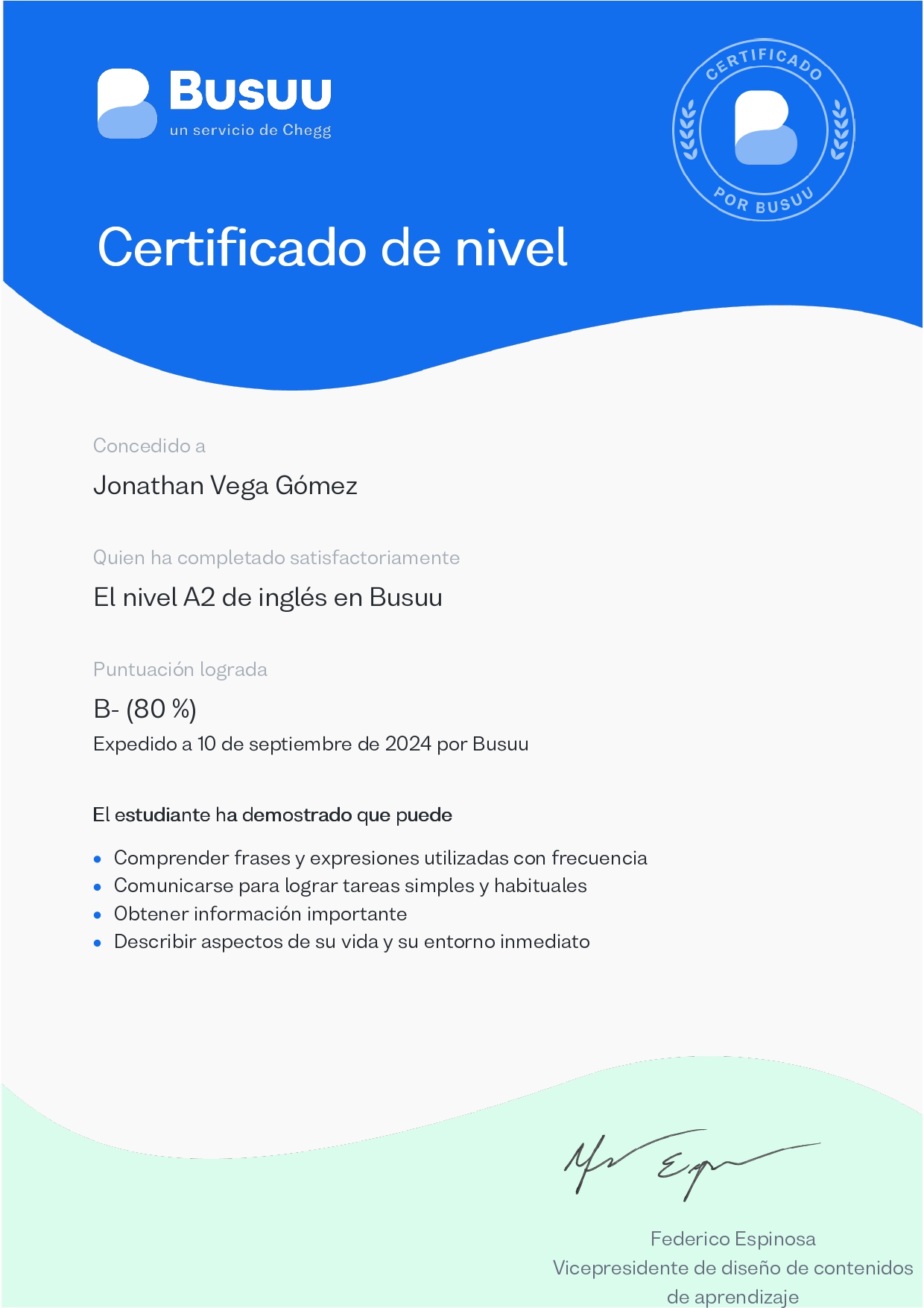 Certificado Nivel A2 Inglés Busuu